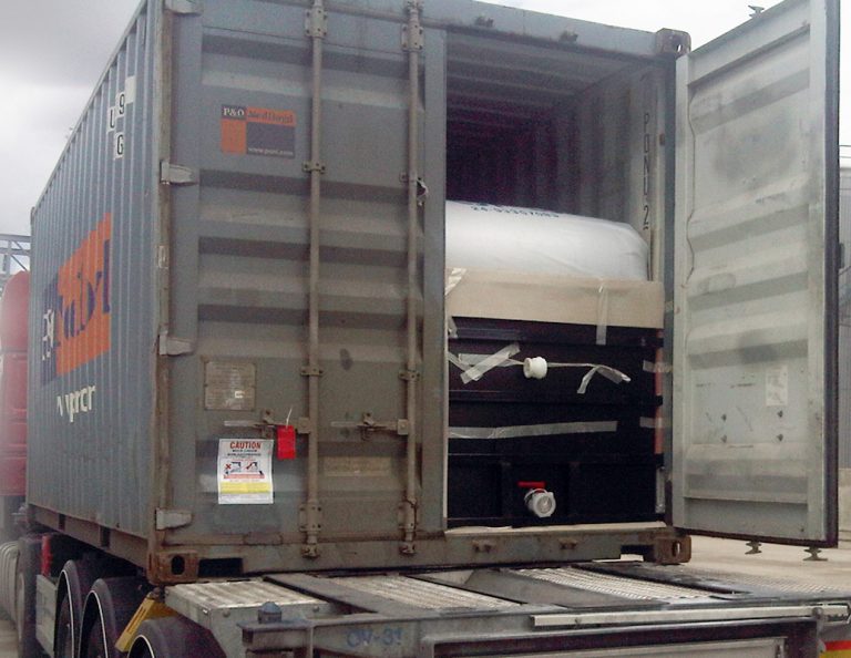 Flexitank loaded in container and truck